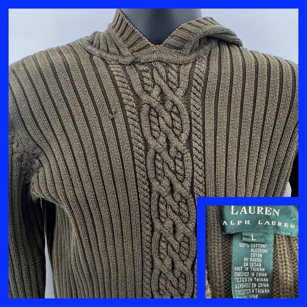 Lauren Ralph Lauren Hooded Sweater Womens L Olive Green Cable Knit Cotton Ribbed